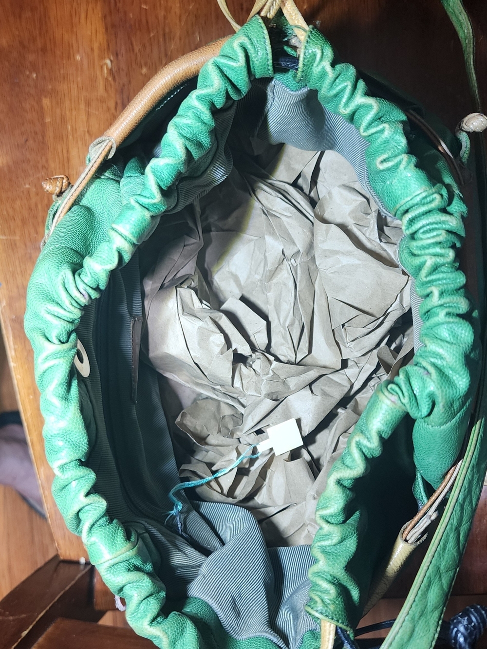 Sharif Green Leather Drawstring Bucket Bag with Multicolor Trim - Picture 5 of 5